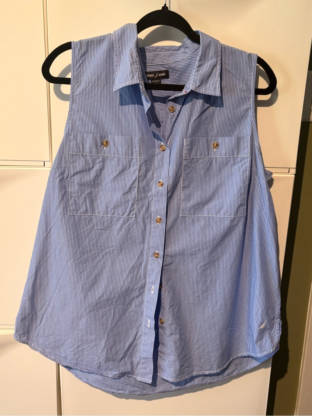 Nautica Light Blue & White Pinstripe Sleeveless Button-Up Blouse